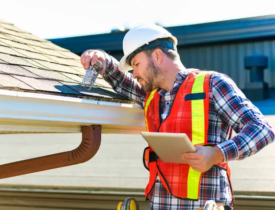 Residential roofing Central Illinois roof inspection near gutter and shingles